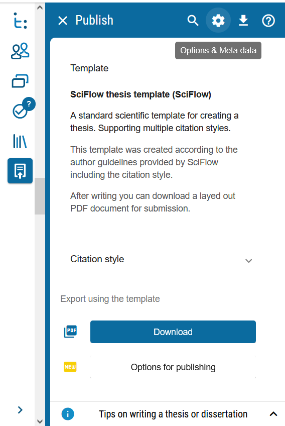 Advanced setting for thesis templates can be found in the Submit & Export menu